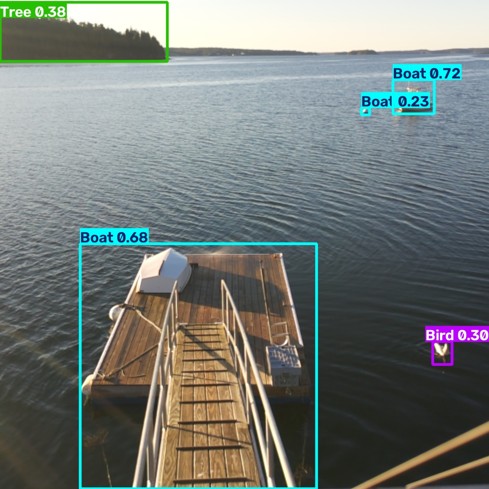 Dockwatcher frame at 07:16:53 with bird box, confidence 0.30, spray visible